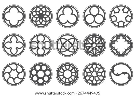 Gothic circle rose window with medieval ornament. Cathedral rosette on white background. Christian architecture elements with stained glass. Radial vector frame.