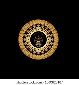 Gothic circular ornament with patterns from the crossed tibial bones and a gold vintage skull in the center of composition. Vector illustration.