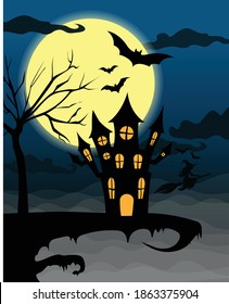 Gothic cliff edge House vector illustration. Halloween Spooky Castle haunted mansion dark black and blue colors. Full moon flying bats and witch on broom horror story cover background wallpaper banner