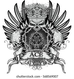 Gothic coat of arms with skull and ace of spades with pentagram, grunge vintage design t shirts