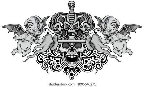 Gothic coat of arms with skull and angels, grunge vintage design t shirts