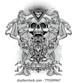 Gothic coat of arms with skull and antic girls , grunge vintage design t shirts