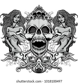 Gothic coat of arms with skull and antique girl  , grunge vintage design t shirts