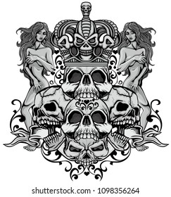 Gothic coat of arms with skull and antique girls, grunge vintage design t shirts
