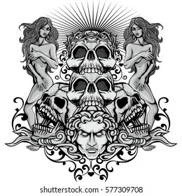 Gothic coat of arms with skull and antique girls , grunge vintage design t shirts