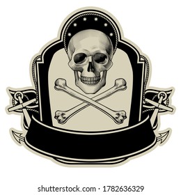 Gothic coat of arms with skull and bones. Pirate tattoo is a vintage design element. Vintage engraving stylized drawing. Vector illustration
