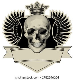 Gothic coat of arms with skull with crown. Tattoo vintage design element. Vintage engraving stylized drawing. Vector illustration