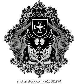 Gothic coat of arms with skull and eagle, grunge vintage design t shirts