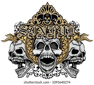 Gothic coat of arms with skull, grunge vintage design t shirts