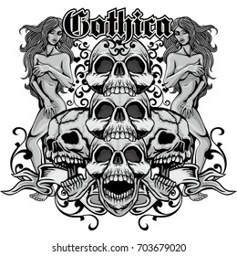 Gothic coat of arms with skull, grunge vintage design t shirts