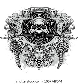 Gothic coat of arms with skull and pentagram, grunge vintage design t shirts