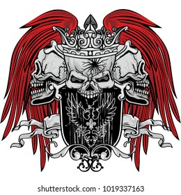 Gothic coat of arms with skull and red wings, grunge vintage design t shirts