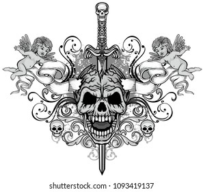 Gothic coat of arms with skull and sword, grunge vintage design t shirts