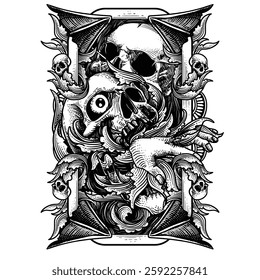 Gothic coat of arms with skull, vintage line drawing or engraving illustration
