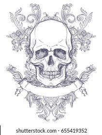 Gothic coat of arms with skull. Vintage label. Retro vector design graphic element. Hand drawn line art. Victorian tattoo template. Isolated vector illustration, design element. White background.