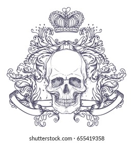 Gothic coat of arms with skull. Vintage label. Retro vector design graphic element. Hand drawn line art. Victorian tattoo template. Isolated vector illustration, design element. White background.