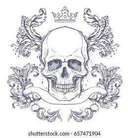 Gothic coat of arms with skull. Vintage label. Retro vector design graphic element. Hand drawn line art. Victorian tattoo template. Isolated vector illustration, design element. White background.