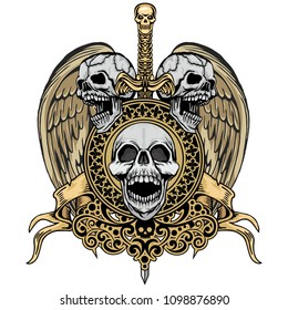 Gothic coat of arms with skull and wings and sword, grunge vintage design t shirts