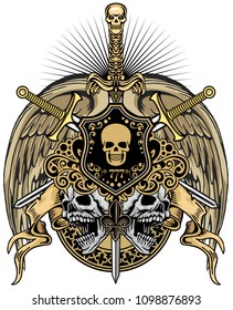 Gothic coat of arms with skull and wings and sword, grunge vintage design t shirts