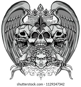 Gothic coat of arms with skull and wings, grunge vintage design t shirts
