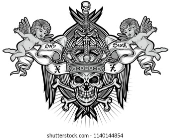 Gothic coat of arms with skull and wings, grunge vintage design t shirts