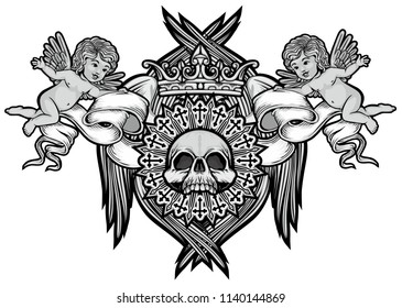 Gothic coat of arms with skull and wings, grunge vintage design t shirts