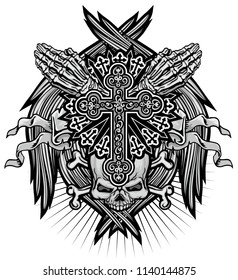 Gothic coat of arms with skull and wings, grunge vintage design t shirts