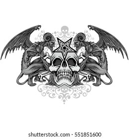 Gothic coat of arms with skull and wings, grunge vintage design t shirts
