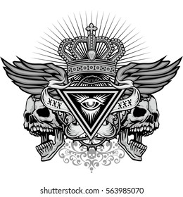 Gothic coat of arms with skull and wings, grunge vintage design t shirts