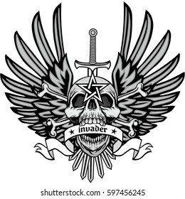 Gothic coat of arms with skull and wings, grunge vintage design t shirts