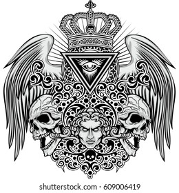 Gothic coat of arms with skull and wings, grunge vintage design t shirts