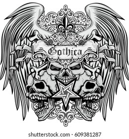 Gothic coat of arms with skull and wings, grunge vintage design t shirts