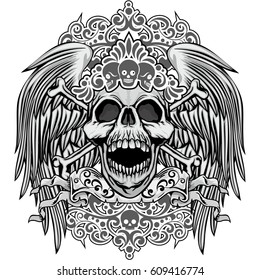 Gothic coat of arms with skull and wings, grunge vintage design t shirts