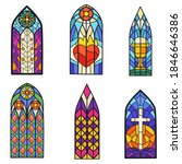 Gothic colorful stained glass windows flat item set. Cartoon fantasy drawn pointed arch for paper book isolated on white background vector illustration collection. Old style and art concept