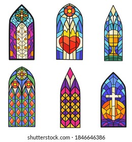 Gothic colorful stained glass windows flat item set. Cartoon fantasy drawn pointed arch for paper book isolated on white background vector illustration collection. Old style and art concept