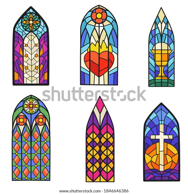 Gothic
colorful stained glass windows flat item set. Cartoon fantasy drawn
pointed arch for paper book isolated on white background vector
illustration collection. Old style and art
concept