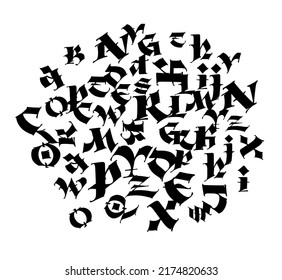 Gotische Komposition. Vektorgrafik. Mittelalterliche lateinische Buchstaben. Zufallsbuchstaben in zufälliger Reihenfolge. Schwarze Buchstaben einzeln auf weißem Hintergrund. Design für Gewebe und Verpackung.