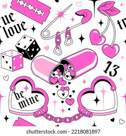 Gothic concept of creepy love. Emo gothic seamless pattern with pill, handcuffs, chain, heart. Glamour pink teen girl's background in Y2k style. Fun 90s, 00s aesthetic.