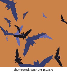 Impresión gótica espeluznante Ataque con fondo vector de murciélagos. Arte Simple Violeta Y Aterrador Noche Colorido. Caos Naranja Retro Patrón De Arte De Barras Voladoras. Diseño moderno Halloween de Moción Púrpura.