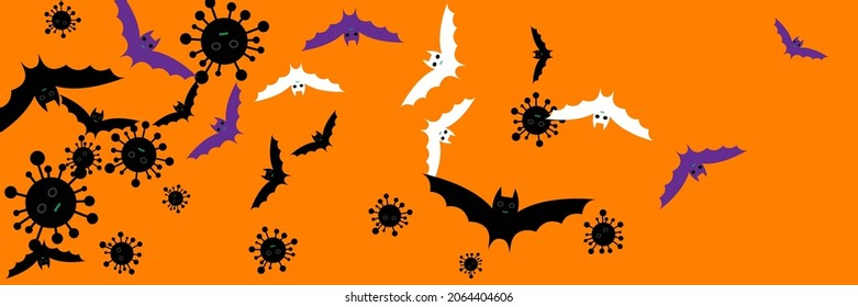Gothic Creepy Vampire Black Cartoon Design Pic. Mysterious Corona Dracula Purple Horror Bats. White Grey Faces Fear Scary Backdrop. Virus Vaccination Spooky Funny Covid Party Halloween Illustration.