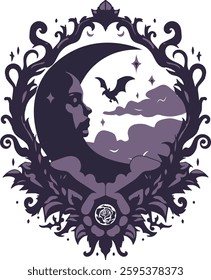 Gothic crescent moon with eerie face, vintage horror vibes, and fantasy elements. Swirling vines, bat silhouette, and celestial details create a mystical, dark aesthetic.