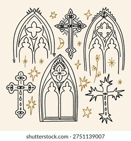 Gothic Crosses Cathedral Tattoo Style Flash Set Vector Blackwork Cathedral Elements Collection Architecture Clip-art Black Ink Illustration