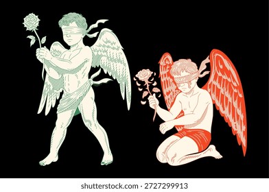 Gothic cupid Gravur-Set, mit verbundenen Augen Engel halten Rose, traurige valentine Vintage-Illustration.