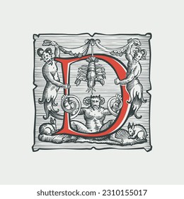 Gothic D letter logo. Medieval dropcap. Devil, witches and ghosts in hell. Engraving hatching illustration. Germanic font for bewitchment labels, pagan music, black magic posters, potions packaging.