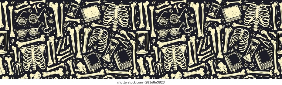 Gothic Dark Academia Seamless Pattern Vector Banner with Human Bones Ribcage Skeleton Glasses Vintage Books Hourglass Key Hand Drawn Engraving Doodle Alchemy Background