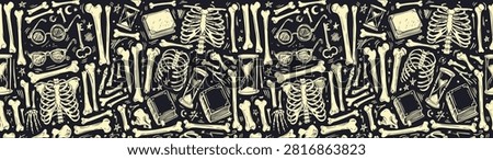 Gothic Dark Academia Seamless Pattern Vector Banner with Human Bones Ribcage Skeleton Glasses Vintage Books Hourglass Key Hand Drawn Engraving Doodle Alchemy Background