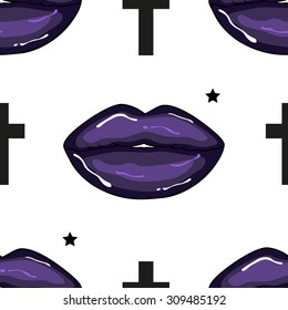 Gothic dark purple lips with decorative cross. Glossy dark lips vector seamless pattern.