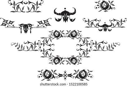 Gothic decorative ornaments, frames, dividers using elements from leaves, berries, pumpkins and skulls of horned animals to design invitations, frames, menus, labels, graphic design of a site, cafe