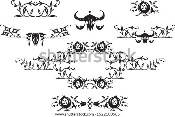 Gothic decorative ornaments, frames, dividers using\
elements from leaves, berries, pumpkins and skulls of horned\
animals to design invitations, frames, menus, labels, graphic\
design of a site, cafe