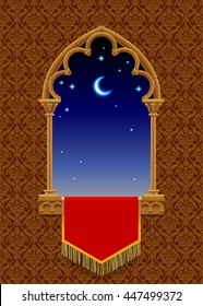 Gothic decorative window with red banner and starry night sky on the ornamental background. Vintage frame, cover and poster. Vector Illustration